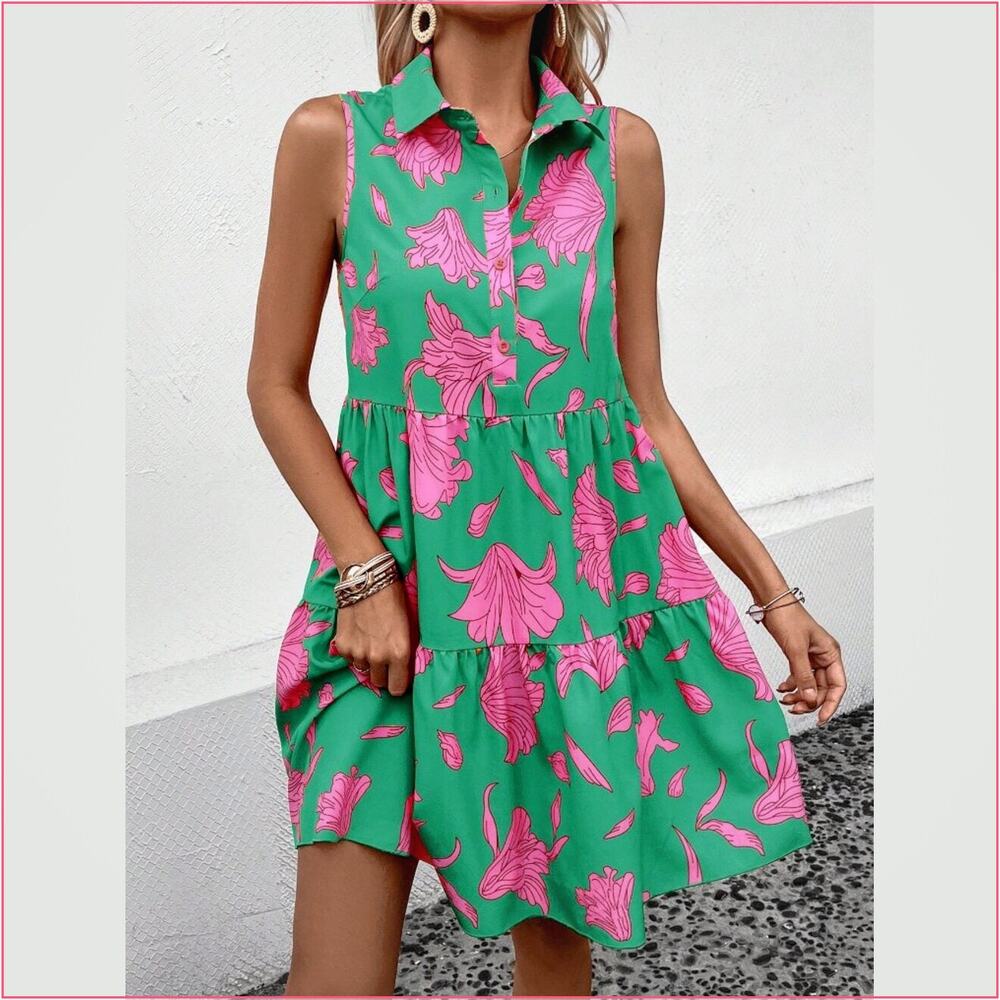 Green Cute Women's Floral Print Ruffle Hem Smock Dress